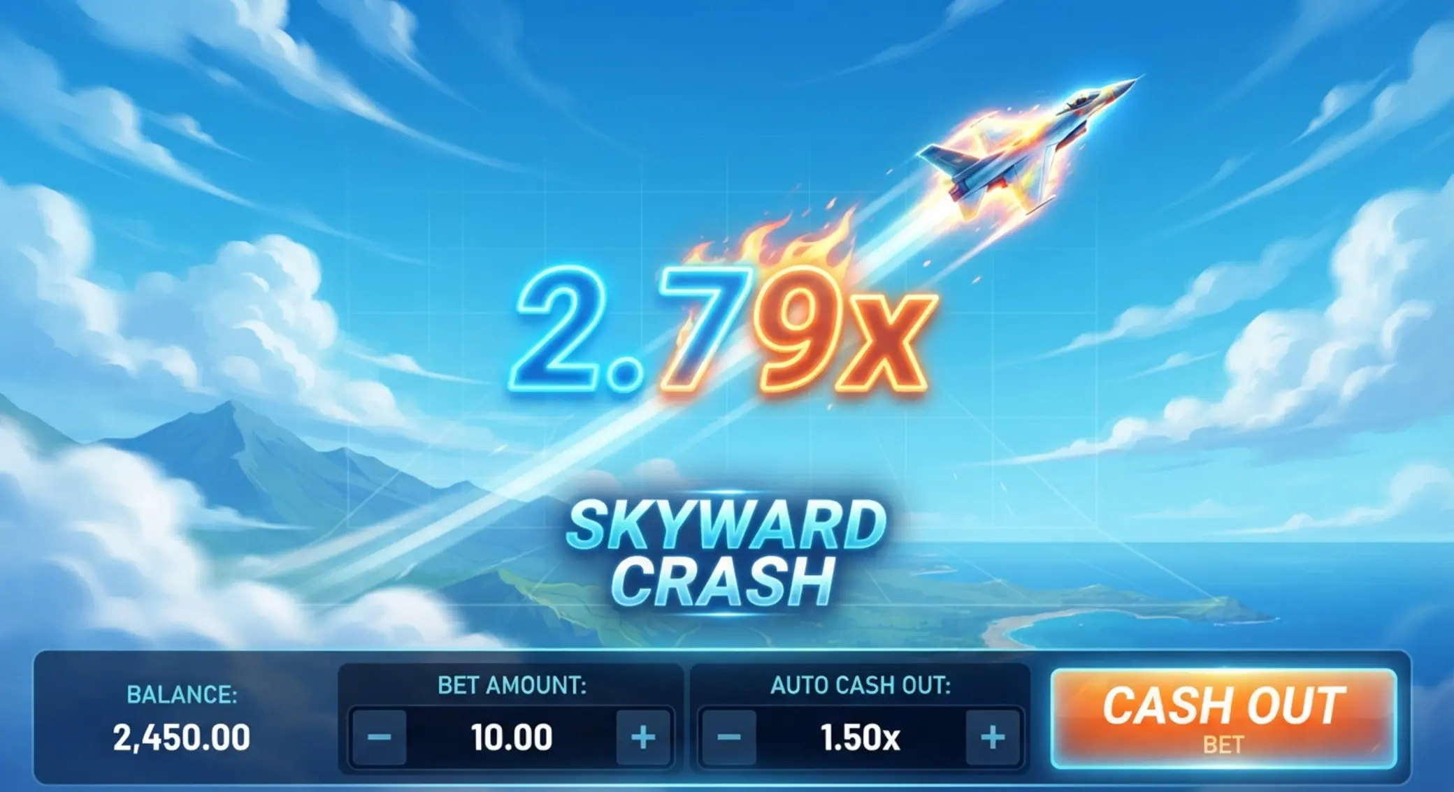 Avia Masters Demo játékfelület illusztráció Repülős crash játék felület szorzóval és emelkedő géppel