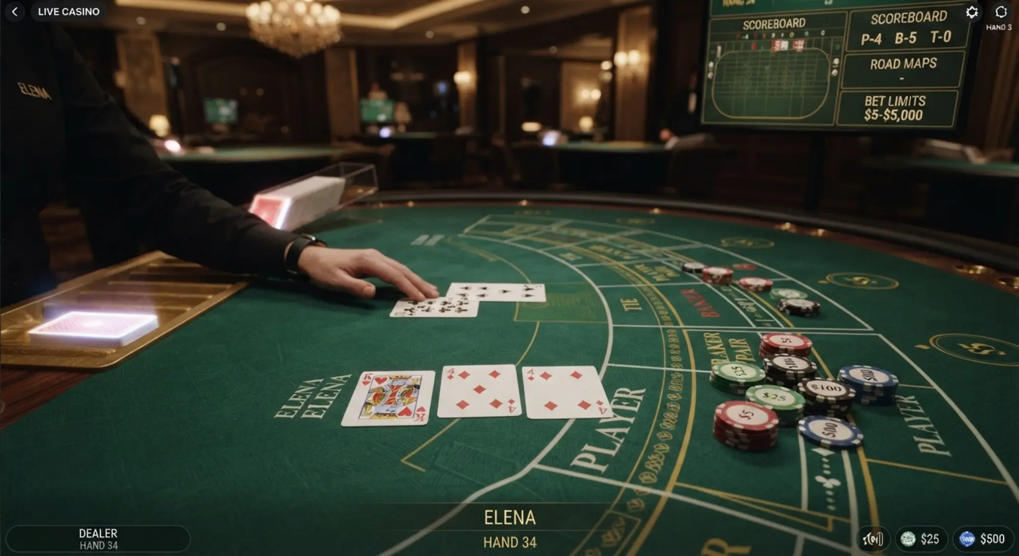 Baccarat asztal közelről kártyákkal és zsetonokkal