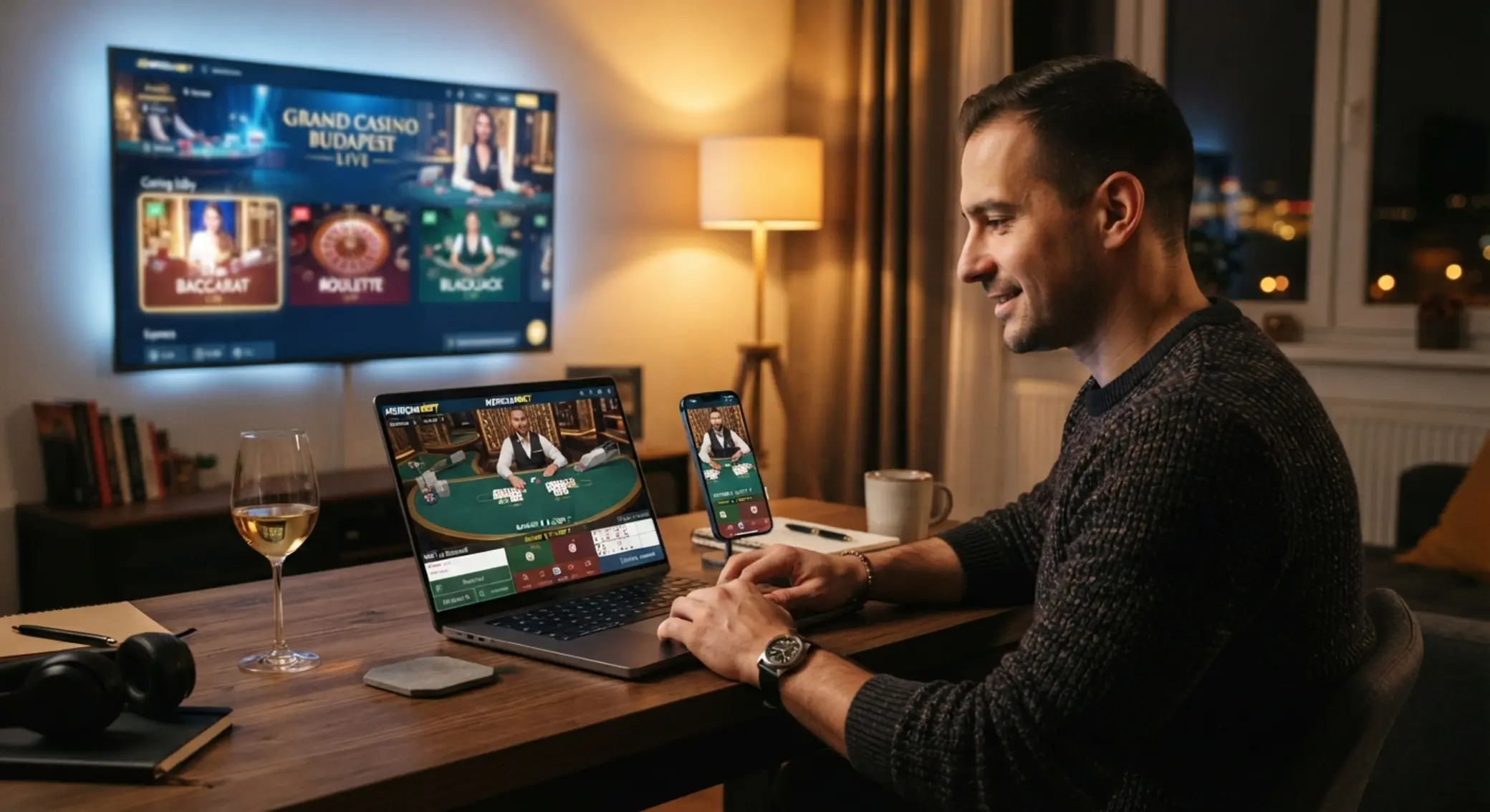 Játékos baccaratot játszik laptopon és mobilon