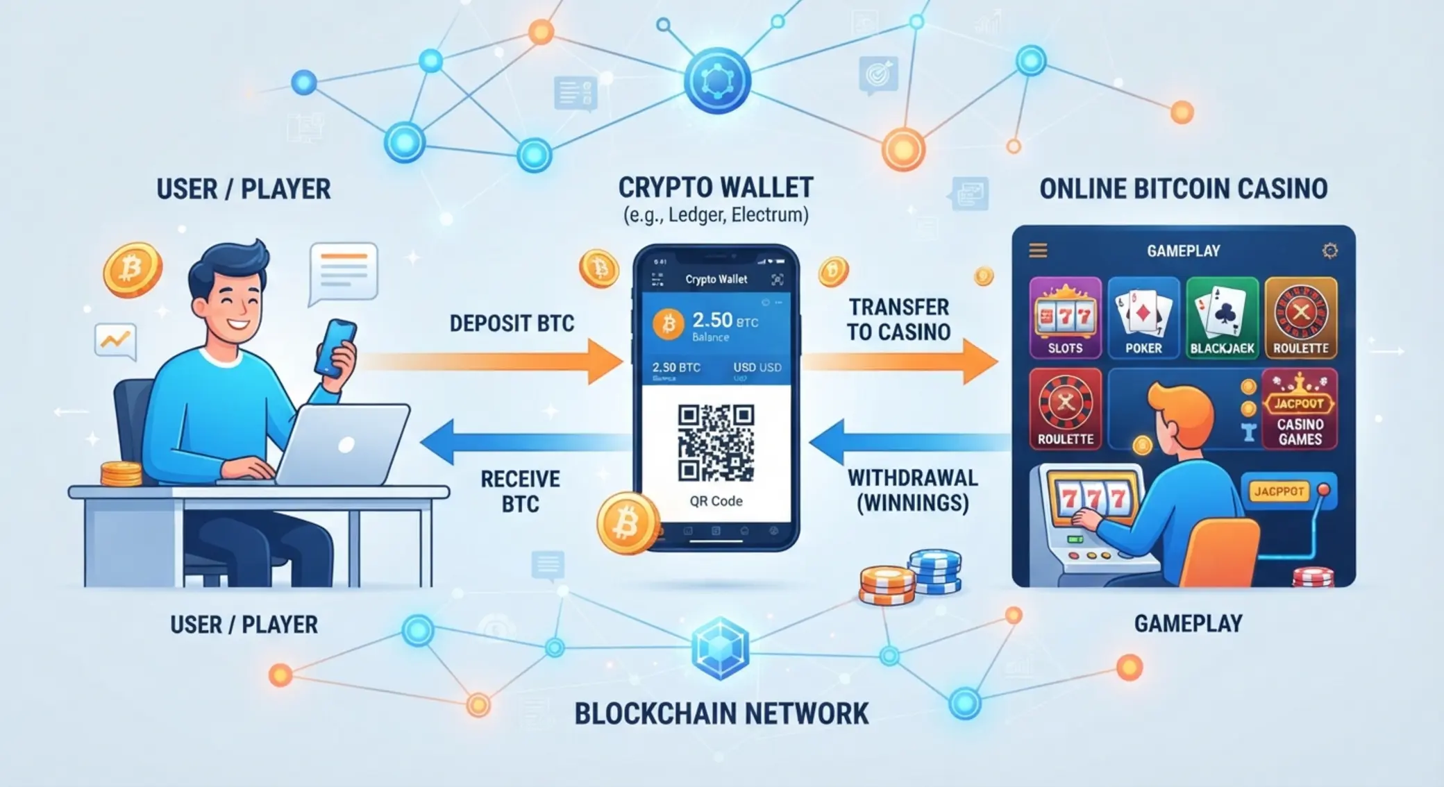 Hogyan működik a bitcoin kaszinó A bitcoin kaszinó működését bemutató illusztráció