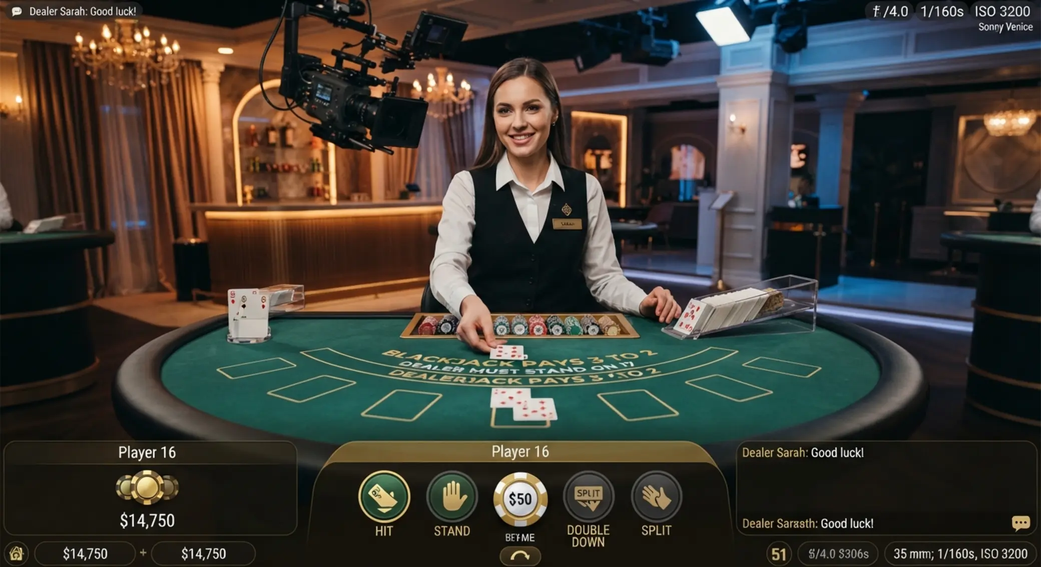 Élő blackjack asztal valódi osztóval és digitális felülettel