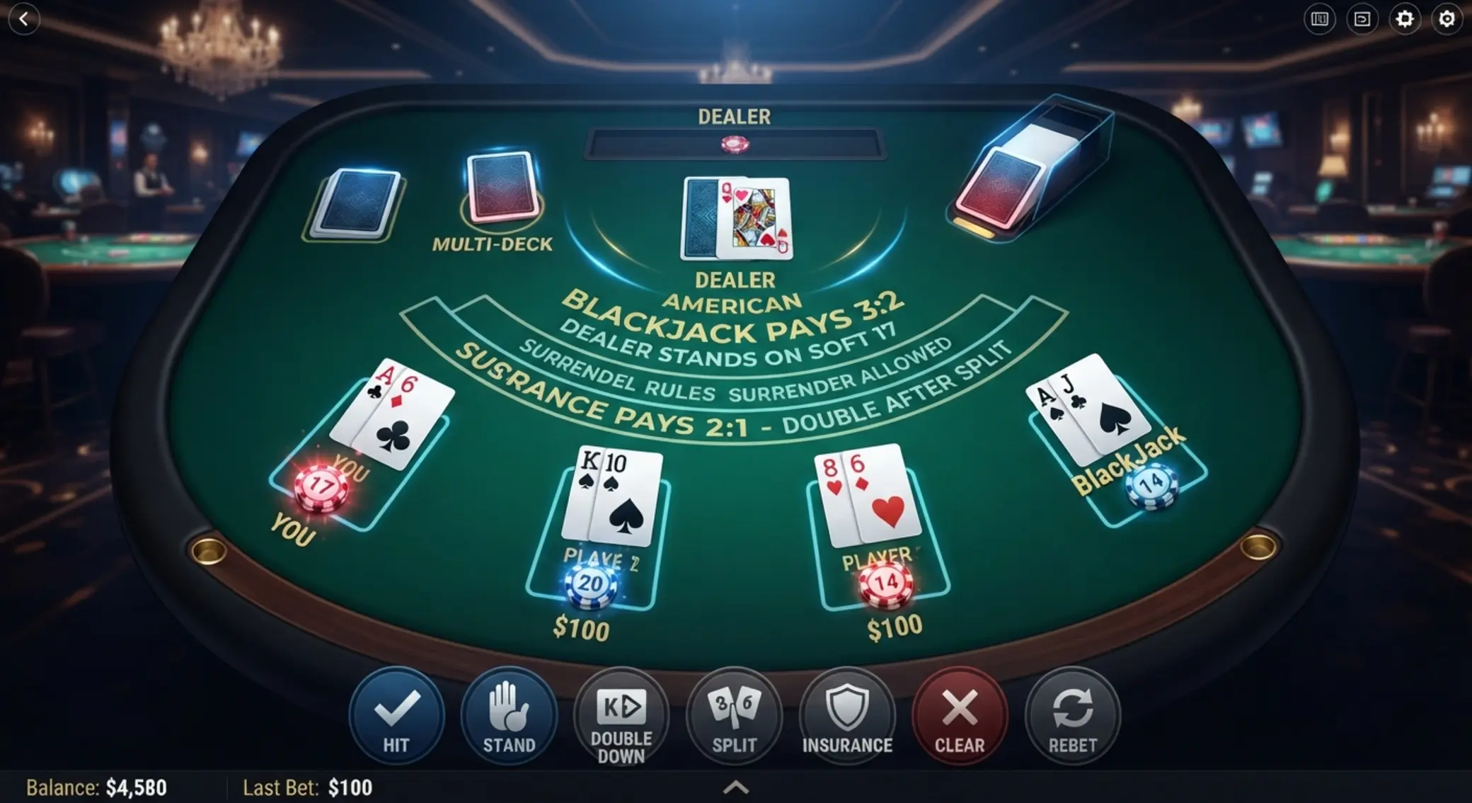 Online blackjack változatokat bemutató digitális asztal
