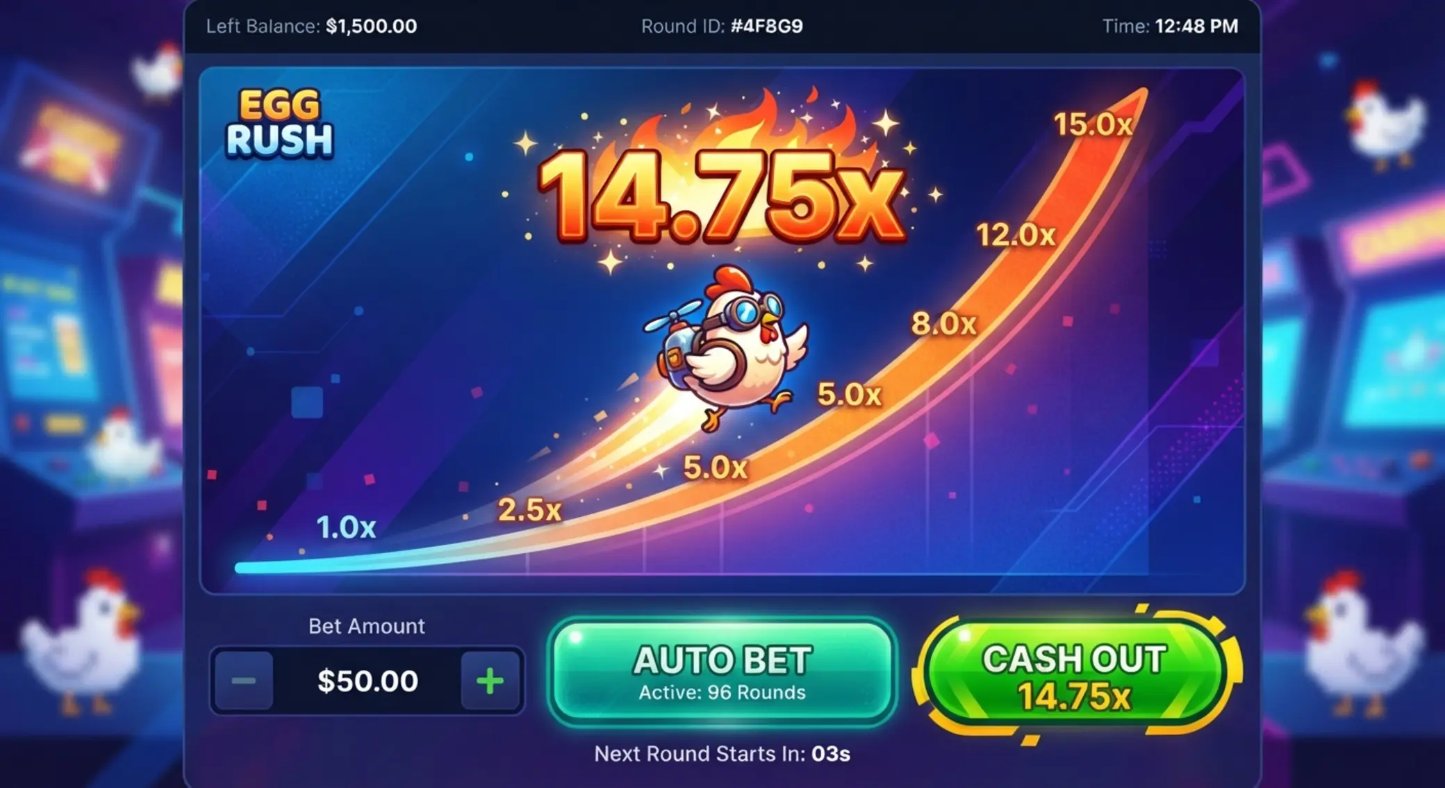 Absztrakt Chicken Road 2 jellegű csirkés crash játék képernyő