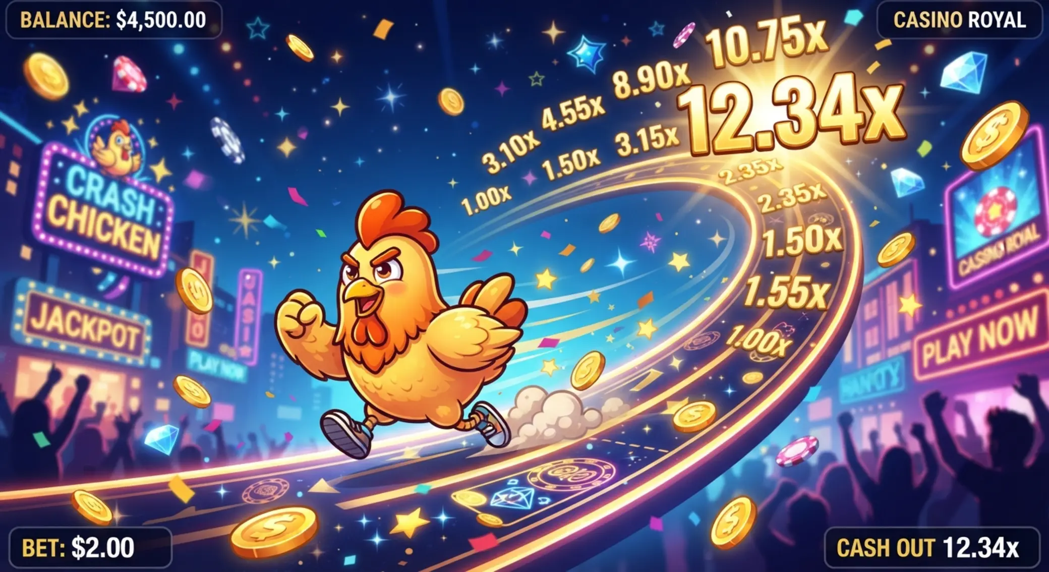 Chicken Road játékmenet illusztráció Csirke fut az úton növekvő szorzóval a háttérben