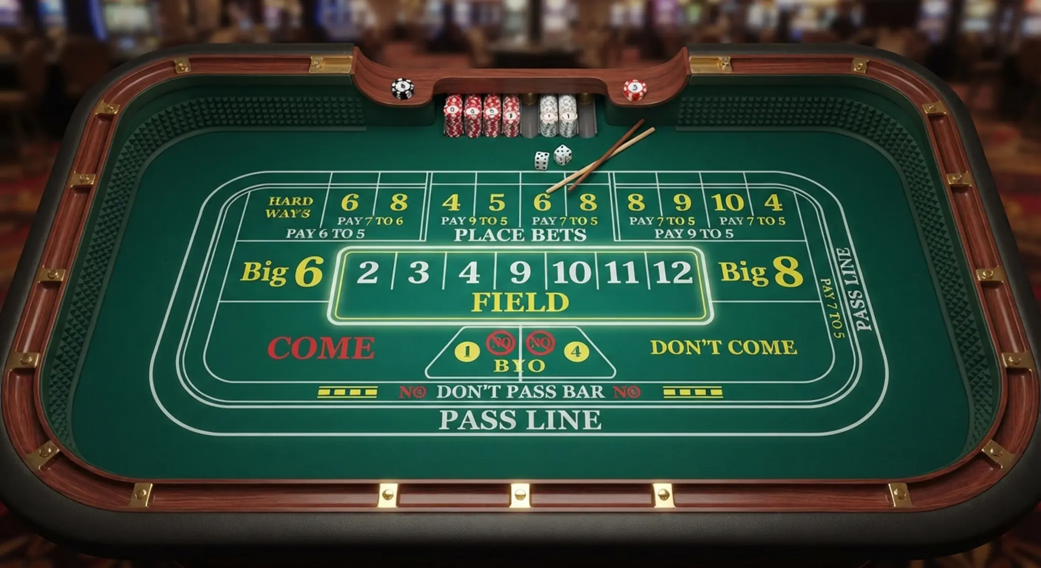 Craps asztal fő mezői sematikus ábrán