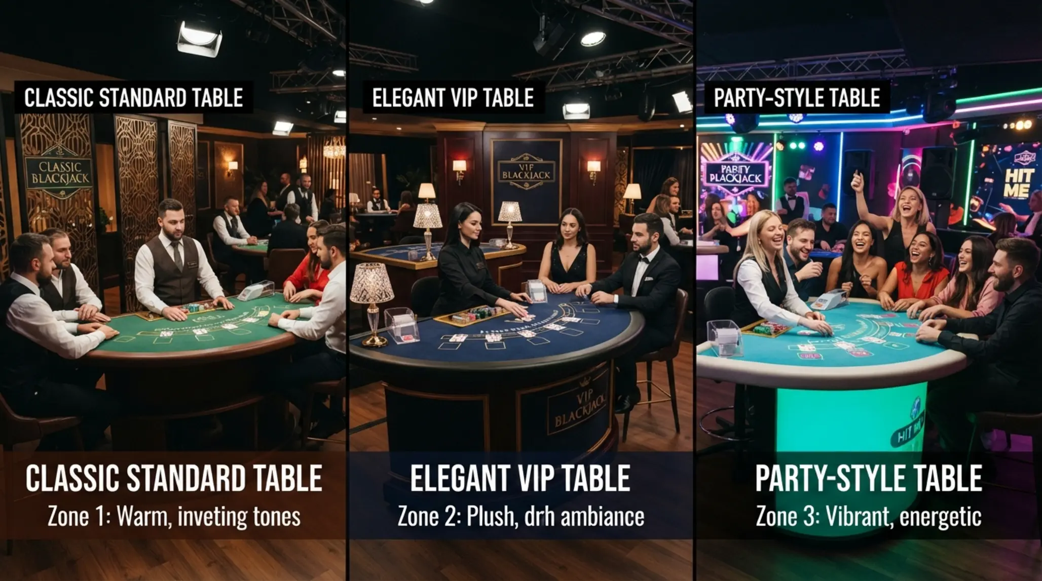 Különböző élő blackjack asztalok standard, VIP és party hangulatban