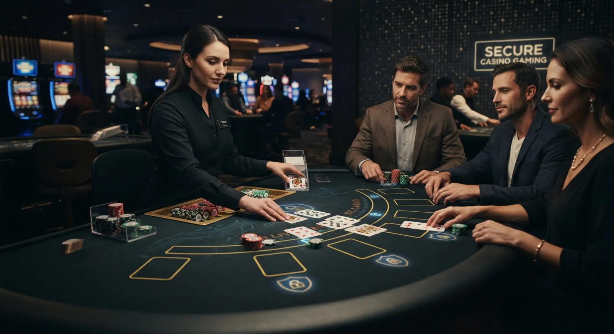 Biztonságot jelképező ikonok élő blackjack környezetben