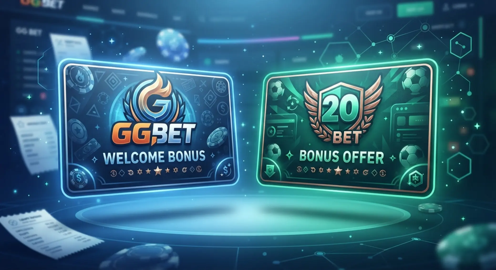 GG Bet és 20Bet bónuszkártyák összehasonlító illusztrációja