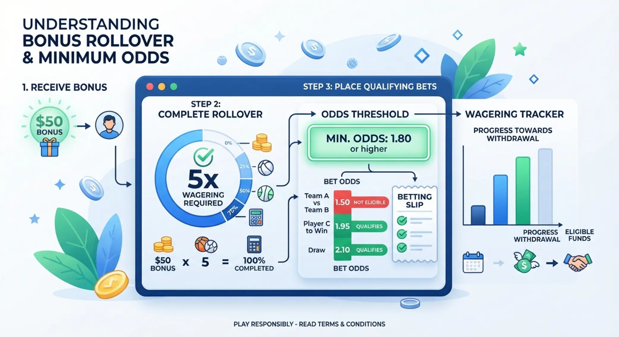 Rollover és minimális odds magyarázó infografika