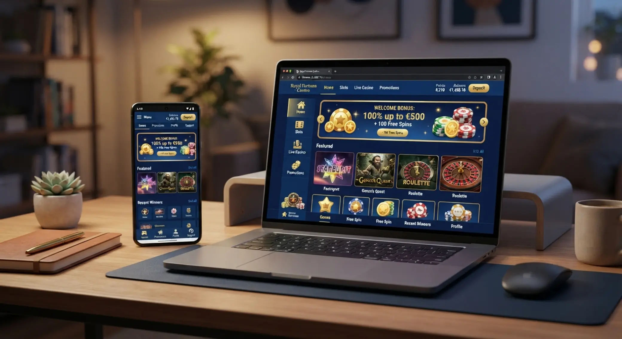 Online kaszinó lobby laptopon és mobilon bónusz ikonokkal