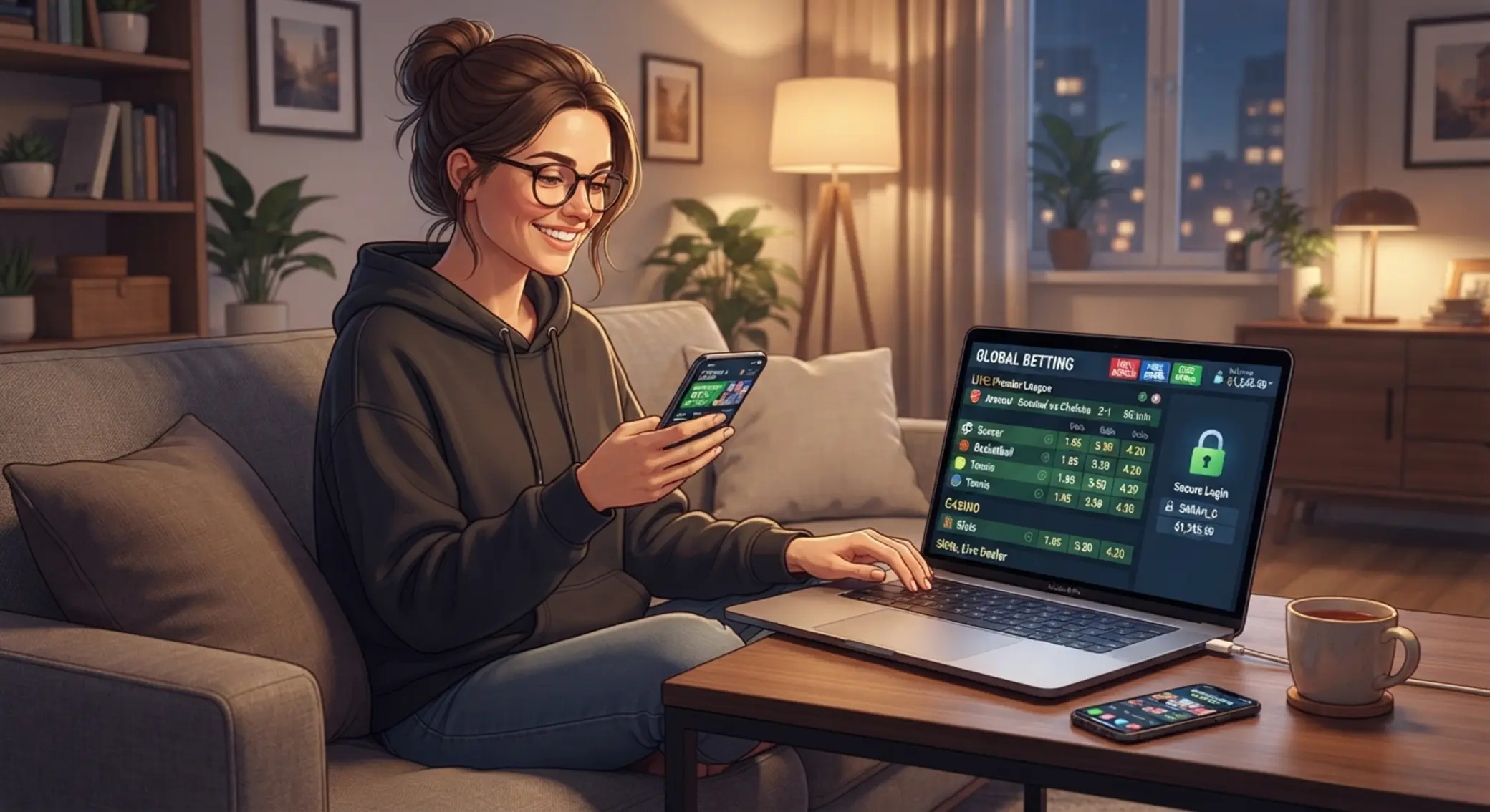 Felhasználó mobilon és laptopon böngészik sportfogadási és kaszinós témákat
