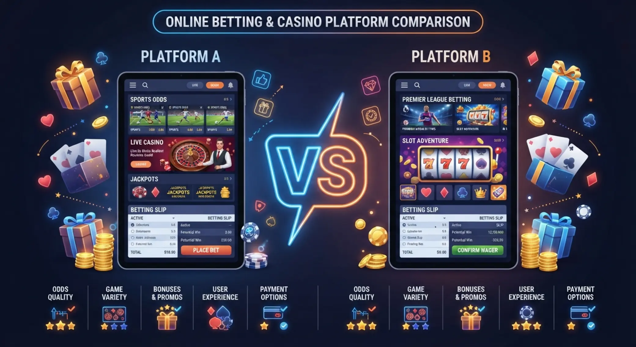 Két fogadási és kaszinó platform vizuális összehasonlítása