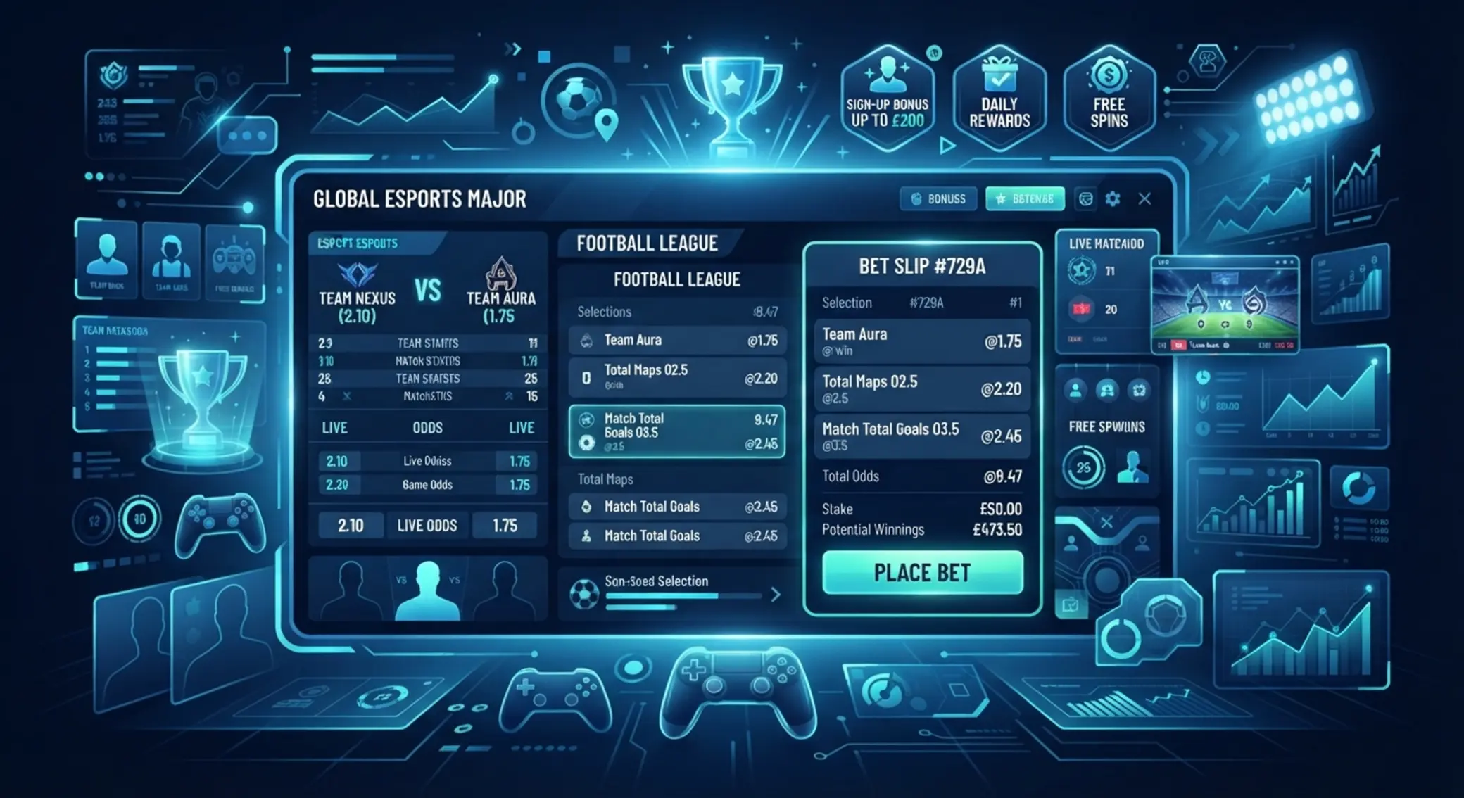 Sportfogadási és e-sport bónusz témájú illusztráció