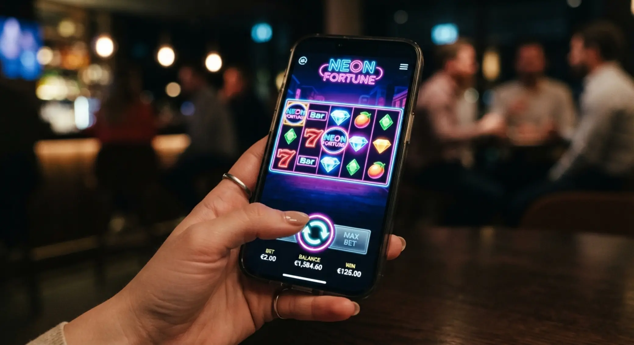 Okostelefonon futó slot játék jól látható kezelőfelülettel