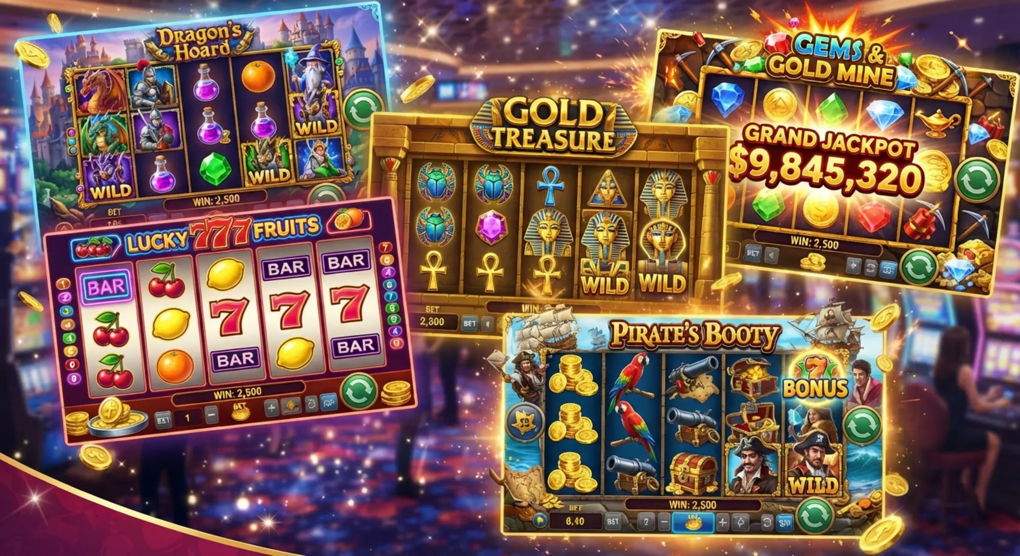 Különféle slot témák kollázsa fantasy és gyümölcs motívumokkal