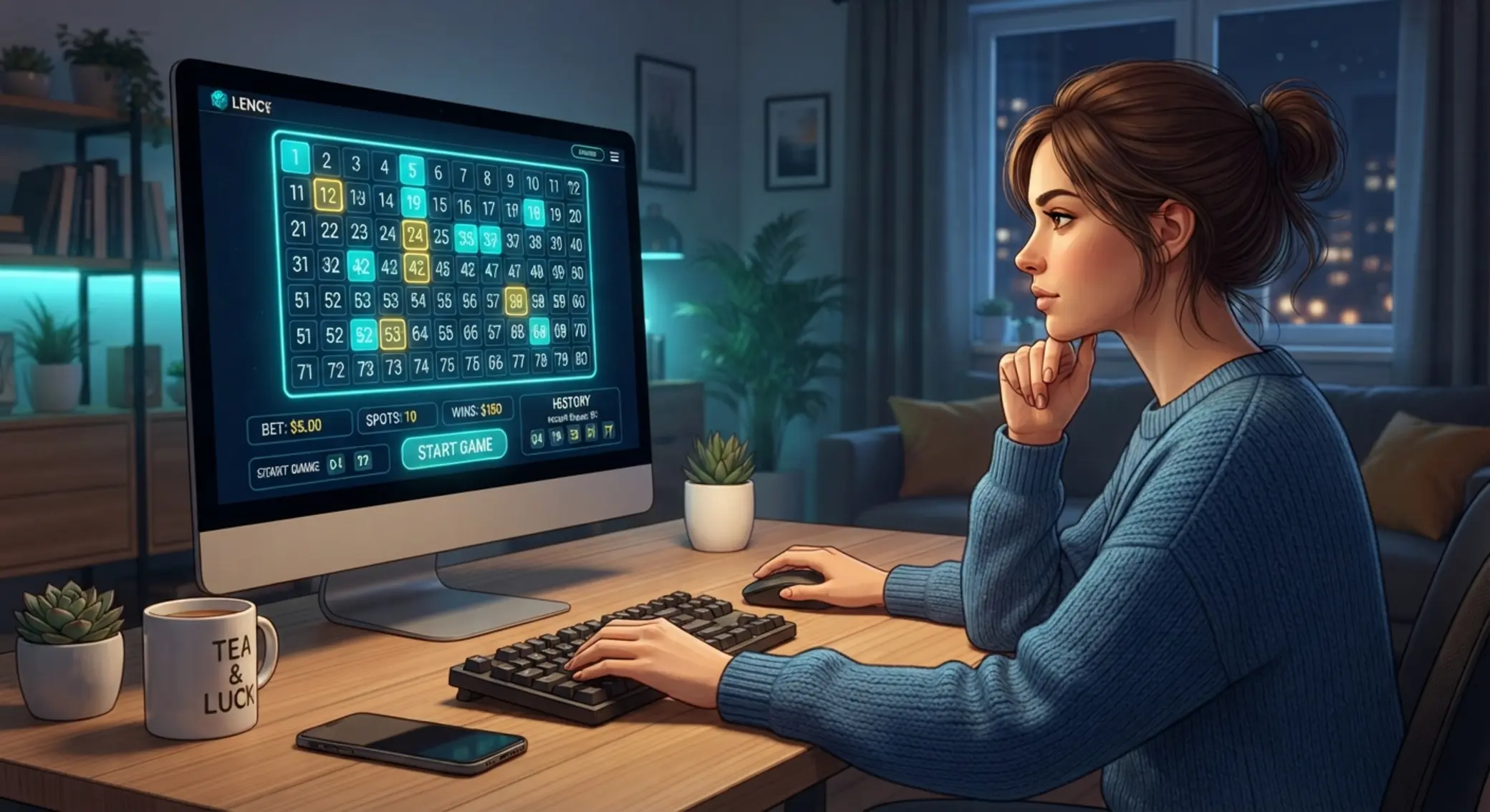 Online keno felület 1–80-as számtáblával