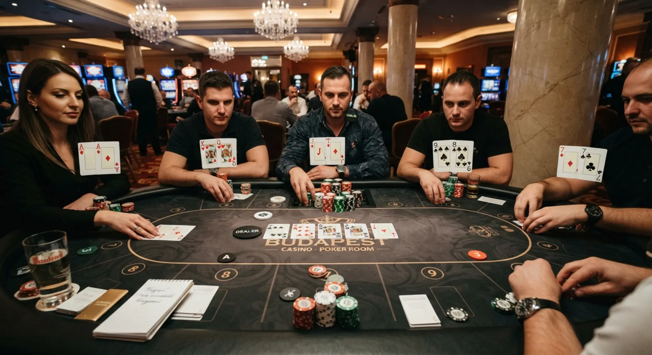 Texas Hold’em asztal felülnézetből közös lapokkal és zsetonokkal