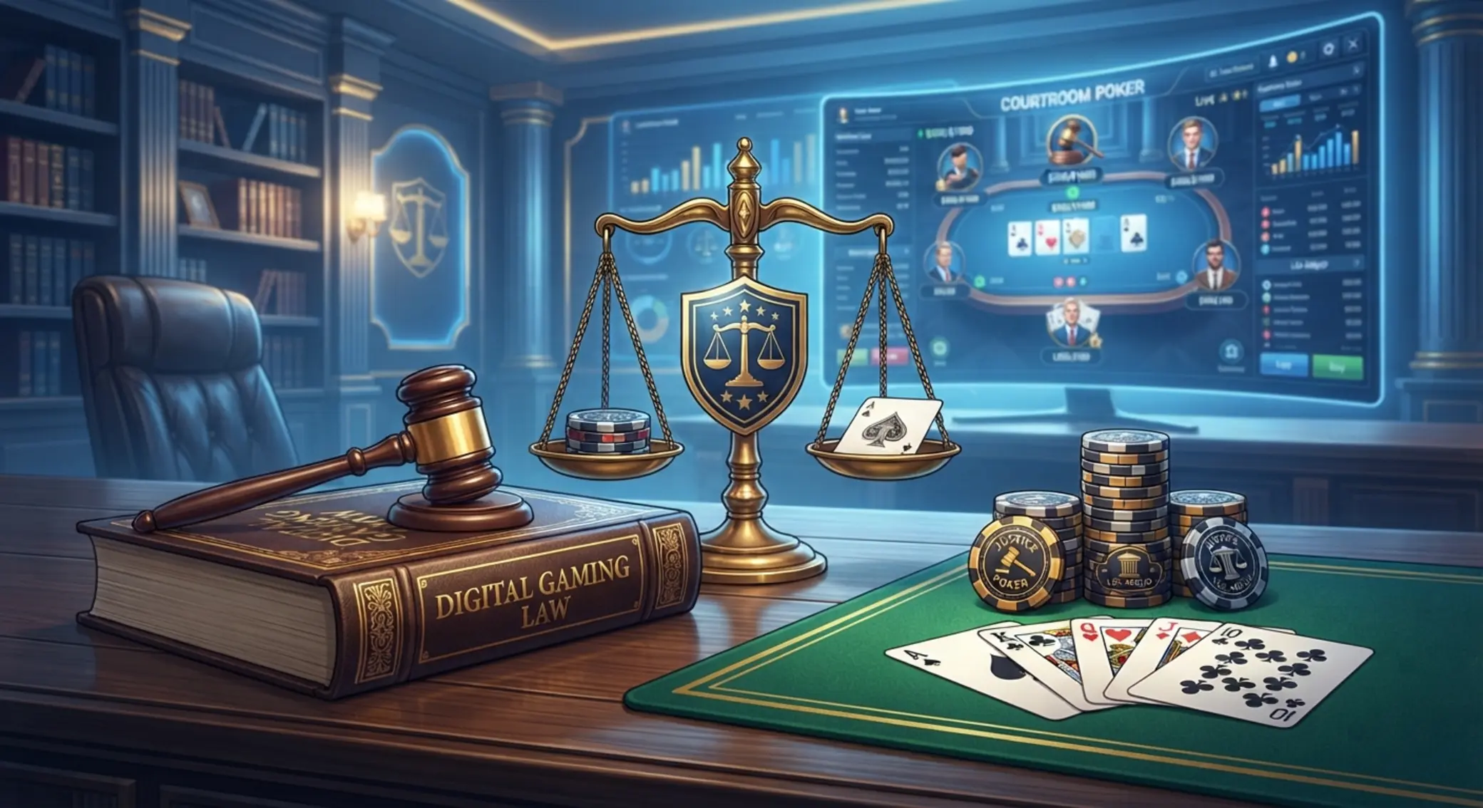 Jogi szabályozást jelképező online póker illusztráció