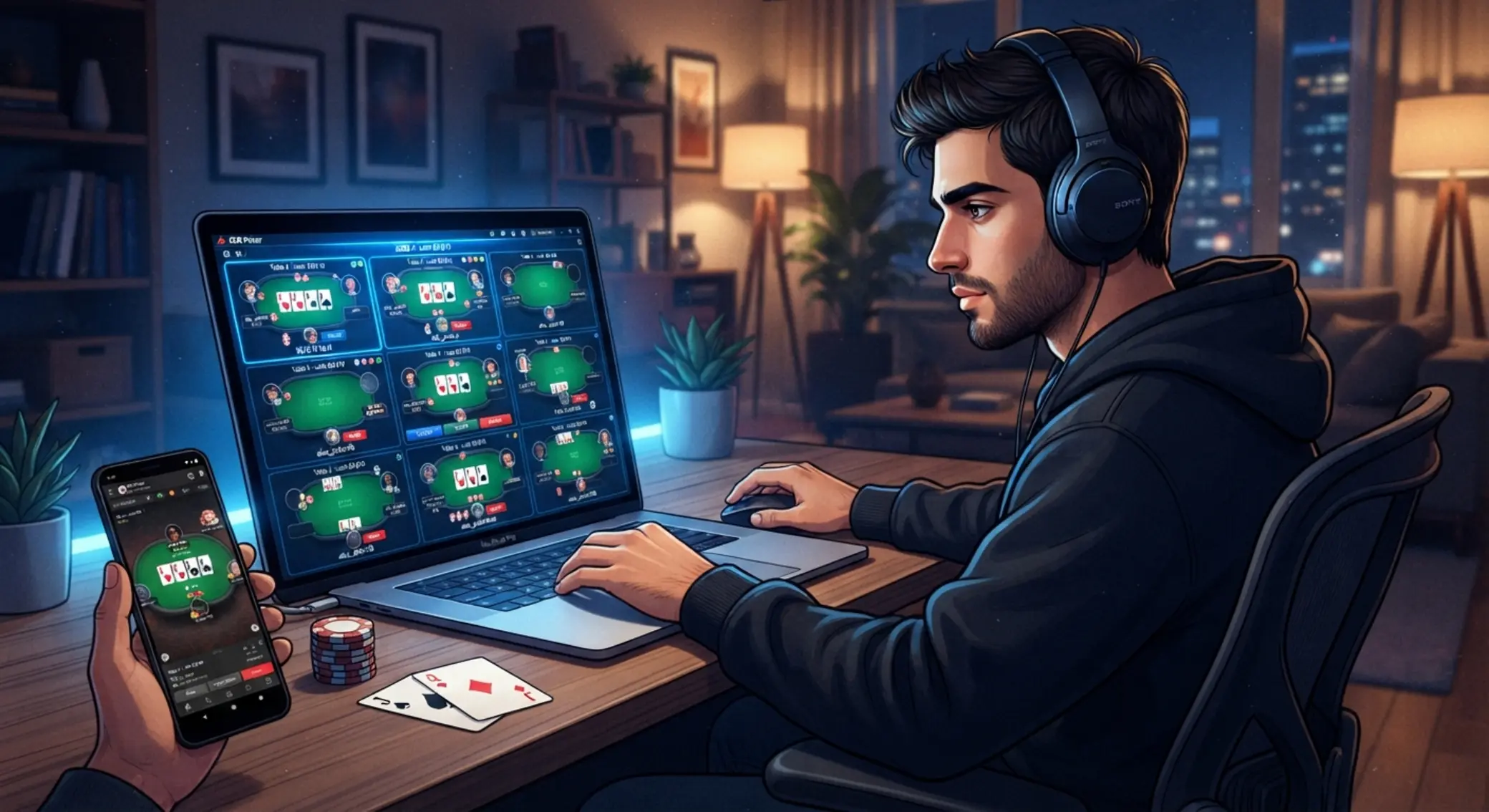 Játékos online pókerfelülettel laptopon és telefonon