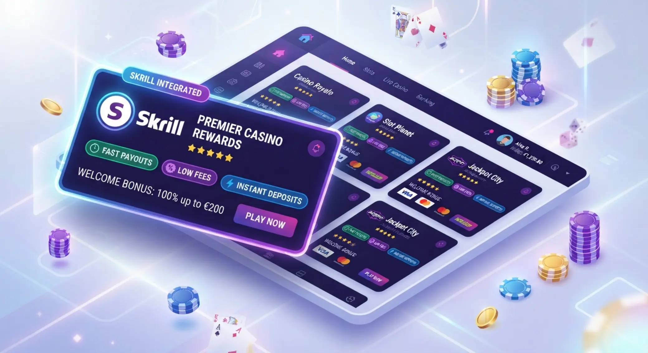 Online Skrill kaszinó lista illusztráció gyors kifizetés és alacsony díjak jelzéssel