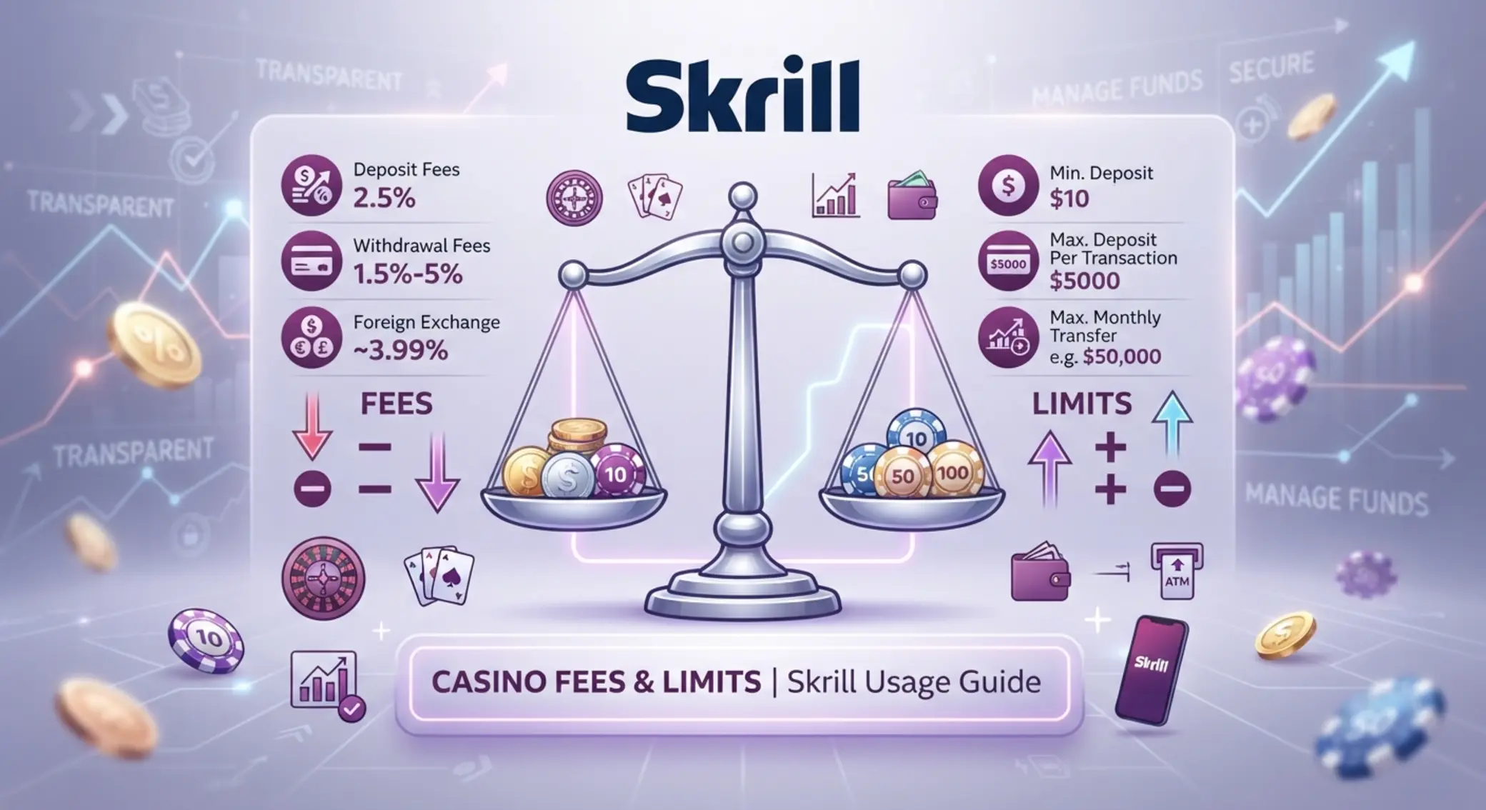 Skrill díjak és limitek infografika mérleggel és kaszinó zsetonokkal