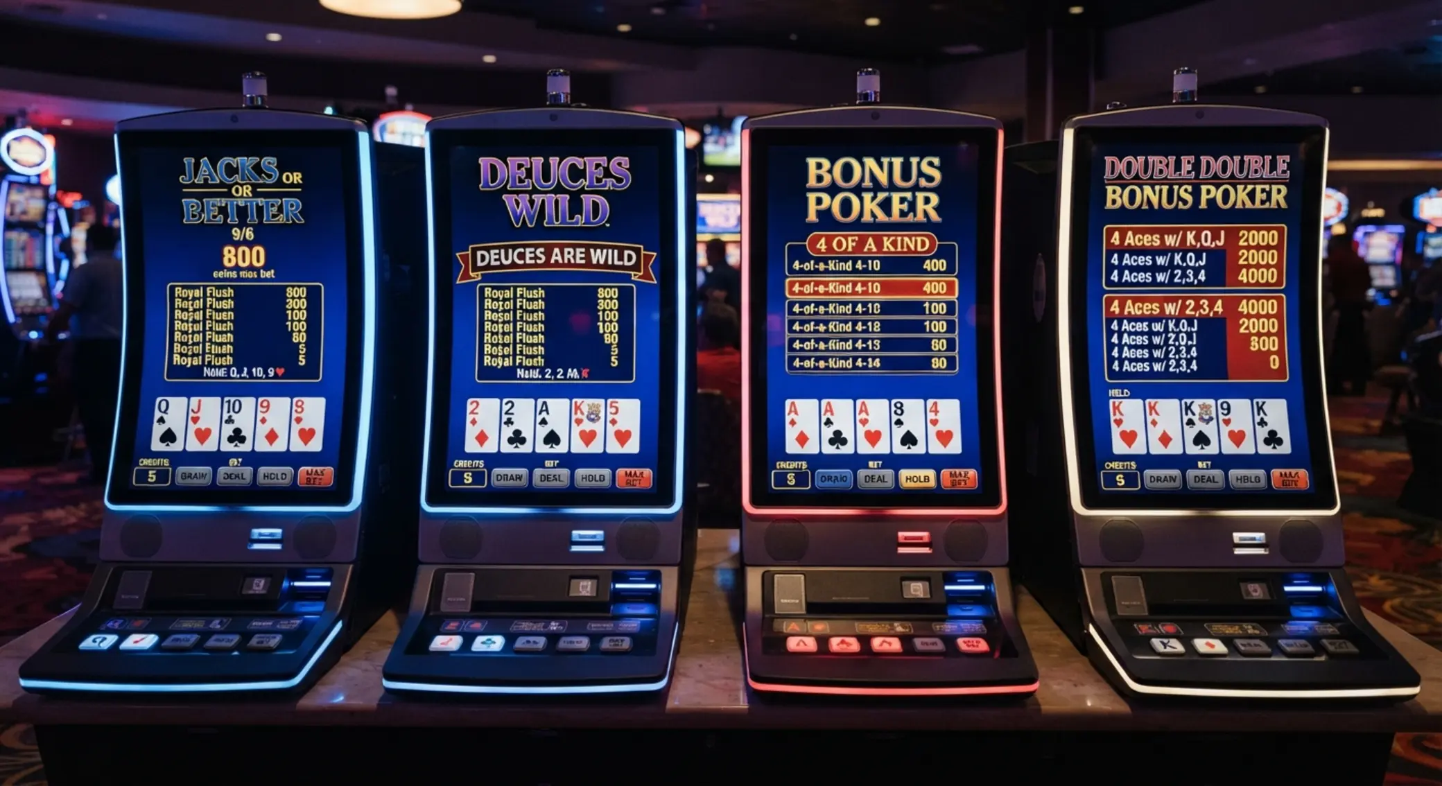 Különböző video poker változatok felületei egymás mellett